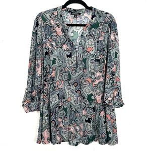 Roz & Ali Top Jersey Stretch Zip Neck Paisley Floral Green Pink Blouse 2X